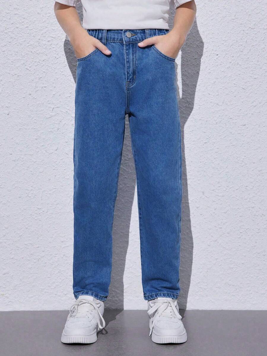 SHEIN Tween Boy All-Match Casual Jeans, Four Seasons Wear, School, Campus, College Summer Holiday - Dark Wash - View 1