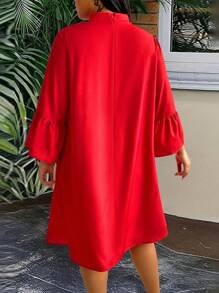 SHEIN LUNE Đầm thanh lịch cỡ lớn, đầm nữ tay lỡ in hoa có viền nhún bèo cổ giả - Đỏ - Xem 2