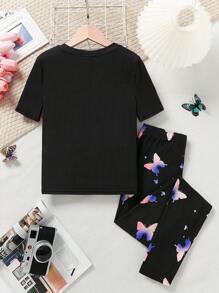 SHEIN Tween Girl 紧身蝴蝶印花发光效果圆领短袖睡衣套装 - 黑色 - 查看 2