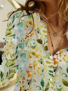 Vintage Botanical Print Casual Shirt, Minimalist Button-Front Long Sleeve Shirt, Women