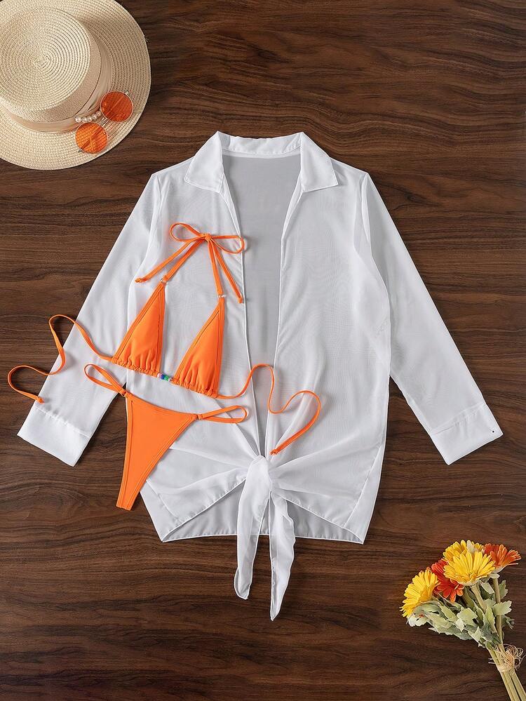Ladies Solid Color Simple Halter Bikini Set With Cover Up, Summer Beach Vacation