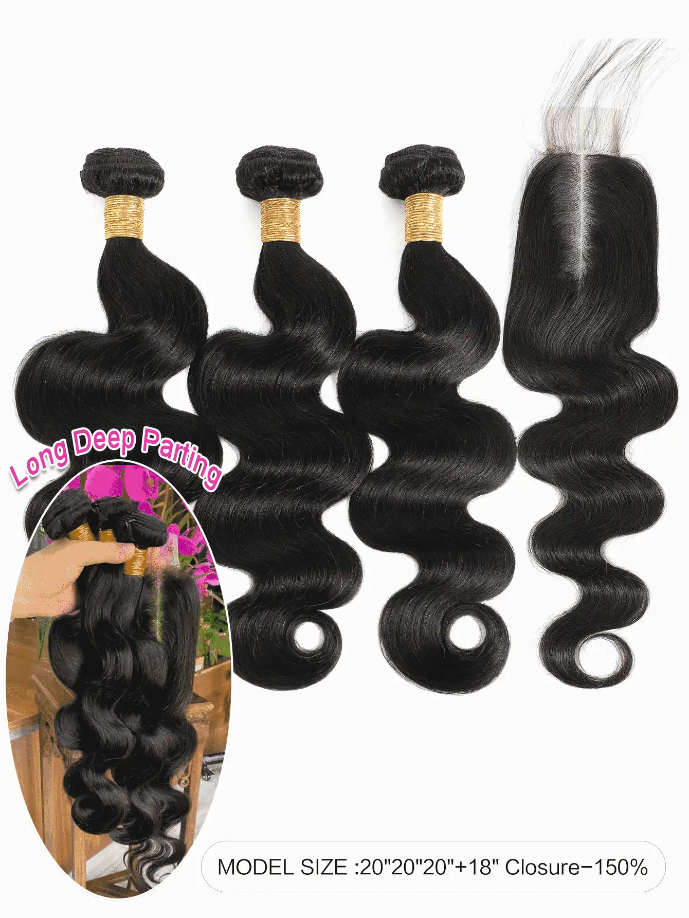 2x6 Lace Closure With 3PCS Body Wave Human Hair Bundles Natural Black Cuticle Aligned One Donor Hair Bundle And Long Middle Part Kim K Closure - SNatural - View 2