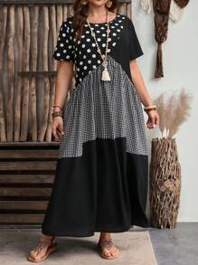 EMERY ROSE Plus Size Women's Summer Polka Dot Print Patchwork Plaid Short Sleeve Loose Long Casual Summer Dress,Vacation/Spring - Multicolor - View 3