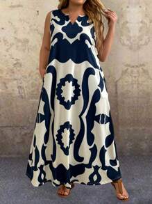 EMERY ROSE Plus Size Women's Vacation Leisure Print Notched Neck Sleeveless Long Pockets Dress With Cutout