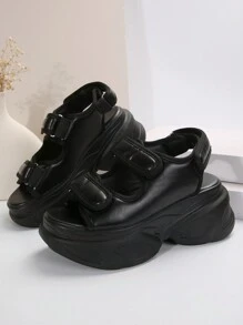 Sandales athlétiques pour femmes, sandales athlétiques à bout ouvert avec boucle et pour femmes, sandales compensées à semelle épaisse noires - Noir - Voir 3