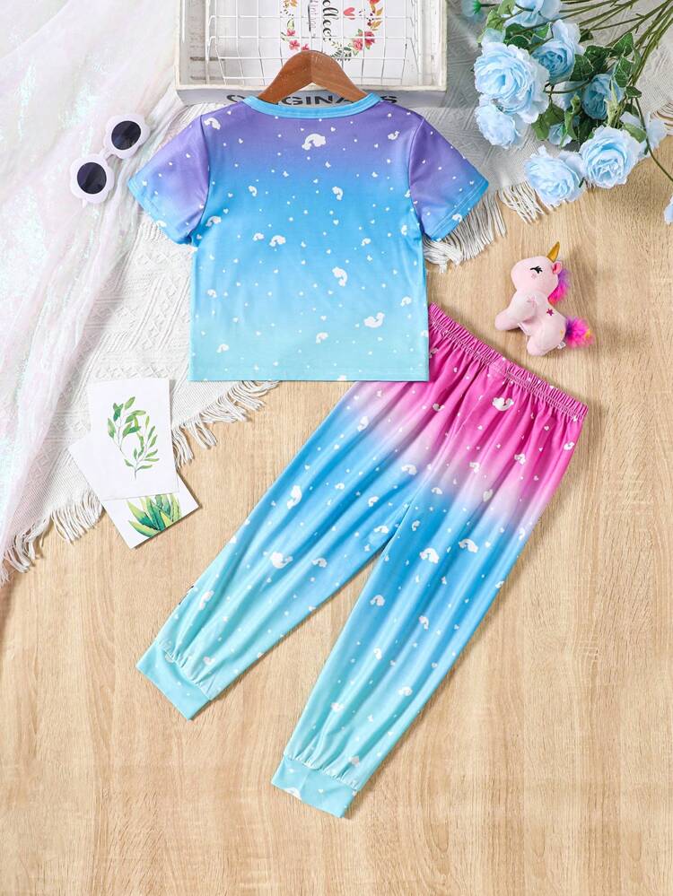 Young Girl Unicorn Pattern Short Sleeve Top And Long Pants Knitted Sleepwear Set