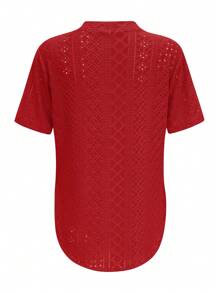Women Summer Fashion Hollow Embroidered Side Slit Short Sleeve T-Shirt - Red - View 2