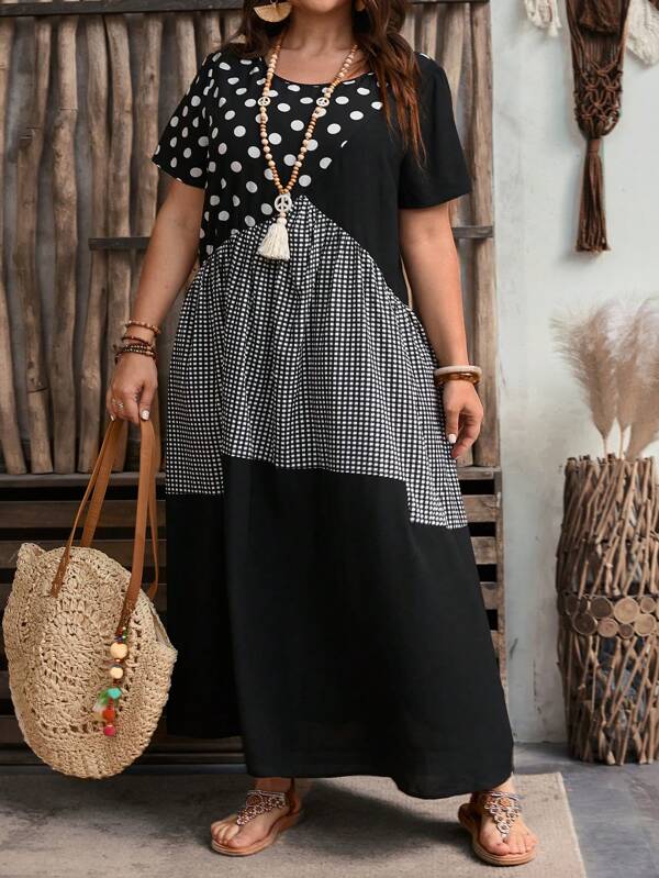 EMERY ROSE Plus Size Women's Summer Polka Dot Print Patchwork Plaid Short Sleeve Loose Long Casual Summer Dress