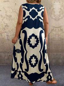 EMERY ROSE Plus Size Women's Vacation Leisure Print Notched Neck Sleeveless Long Pockets Dress With Cutout