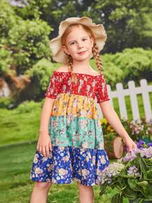 SHEIN Niedliches, schulterfreies, kurzärmliges Patchwork-Kleid mit Blumendruck für Kleine Mädchen im Urlaub für Frühling/Sommer