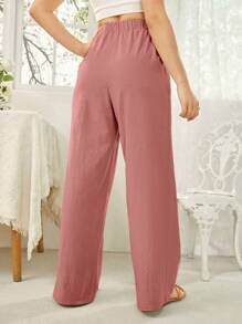 SHEIN Essnce Phụ nữ màu trơn thắt lưng dây rút túi quần dài và đơn giản - Bụi hồng - Xem 2