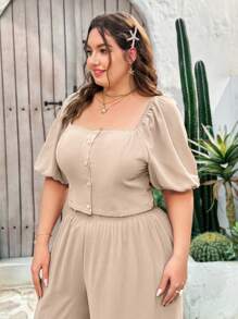Dreamara Camisa Khaki con botones para mujeres de talla grande WYWH para vacaciones