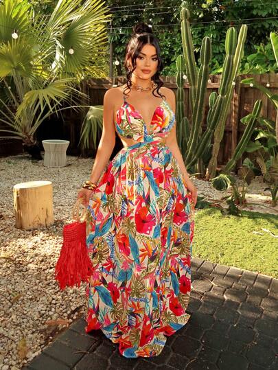 SHEIN SXY A-line chiffongklänning med tropisk växttryckSummer Vacation Holiday Beach BOHO