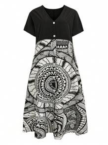 SHEIN LUNE Women Summer Loose And Elegant V-Neck Short Sleeve Button-Decorated Floral Print Patchwork Dress - Multicolor - View 1