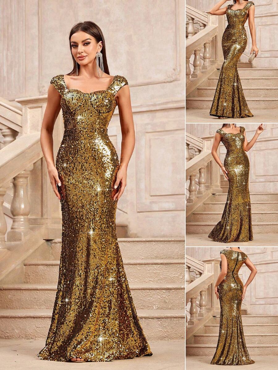 SHEIN Belle Vestido formal de gala de fiesta con corte estilo sirena de cintura alta y brillo para mujeres - Dorado - Ver 1