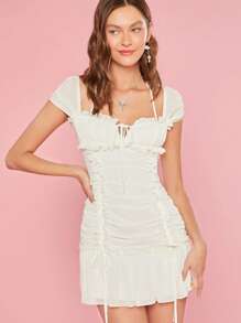 Enchnt Women Summer Sundress Short With Pleated Ruffles Heart-Shaped Neckline Hawaiian