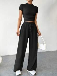 SHEIN EZwear Women Solid Color Short-Sleeve Stand Collar Top With Drawstring Long Pants Two-Piece Set