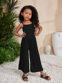 SHEIN Young Girl Spring/Summer Knit Solid Color Spaghetti Strap Jumpsuit For Holiday & Leisure