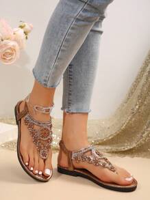Women Sandals, Bohemian National Style Flat Sandals With Rhinestone Decoration, Open Toe T-Strap Thong Beach Shoes, Summer