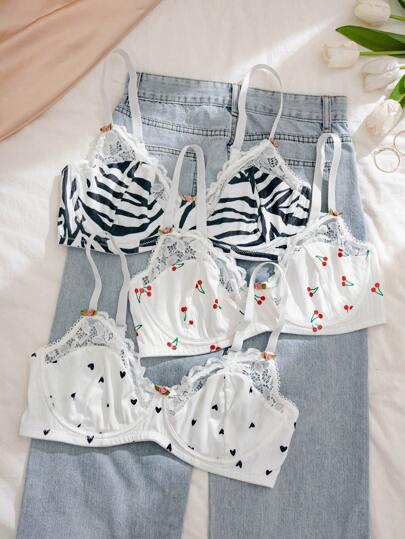 PetitDoll Plus Size Simple Pattern Printed Women Bra Set (3 Pieces), Lingerie, Lift