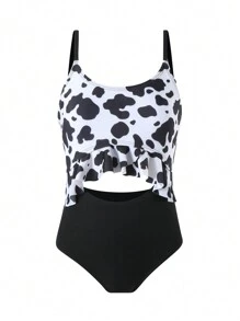 Traje De Baño De Una Pieza Con Recorte Y Detalle De Volantes En Estampado De Vaca Para Niñas Preadolescentes - Blanco y Negro - Ver 1