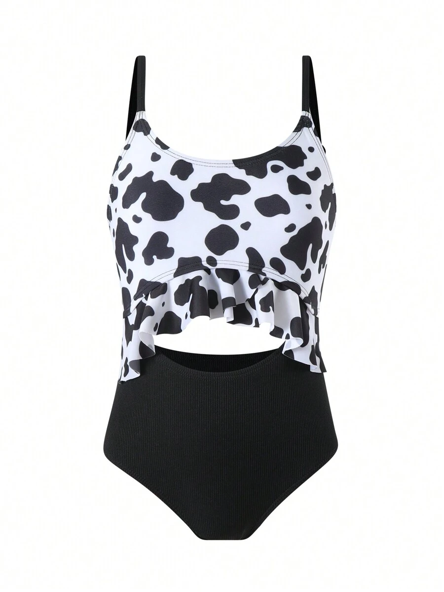 Traje De Baño De Una Pieza Con Recorte Y Detalle De Volantes En Estampado De Vaca Para Niñas Preadolescentes - Blanco y Negro - Ver 1
