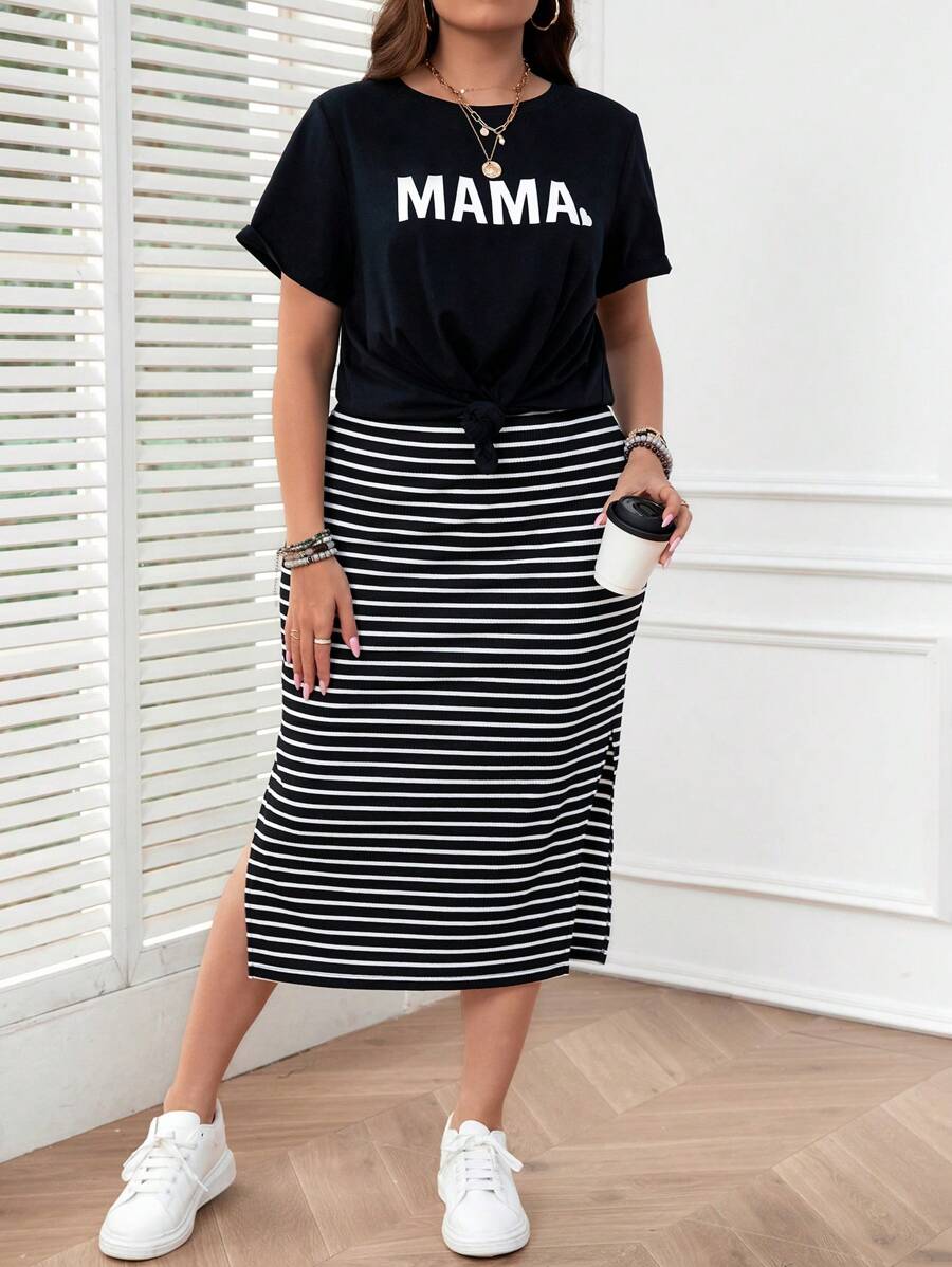 SHEIN LUNE MAMA＆Kids媽媽黑白條紋彈性腰裙搭配字母印花T恤加大碼2件套裝 - 黑與白 - 查看 1