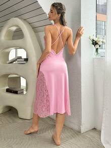 Ladies Sexy Lace Patchwork Crisscross Backless Long Night Dress - Pink - View 2