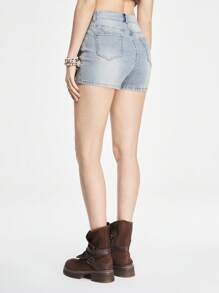 ROMWE Hippie 女性流蘇裝飾修身牛仔短褲，適合假期或休閒 - 藍色 - 查看 4