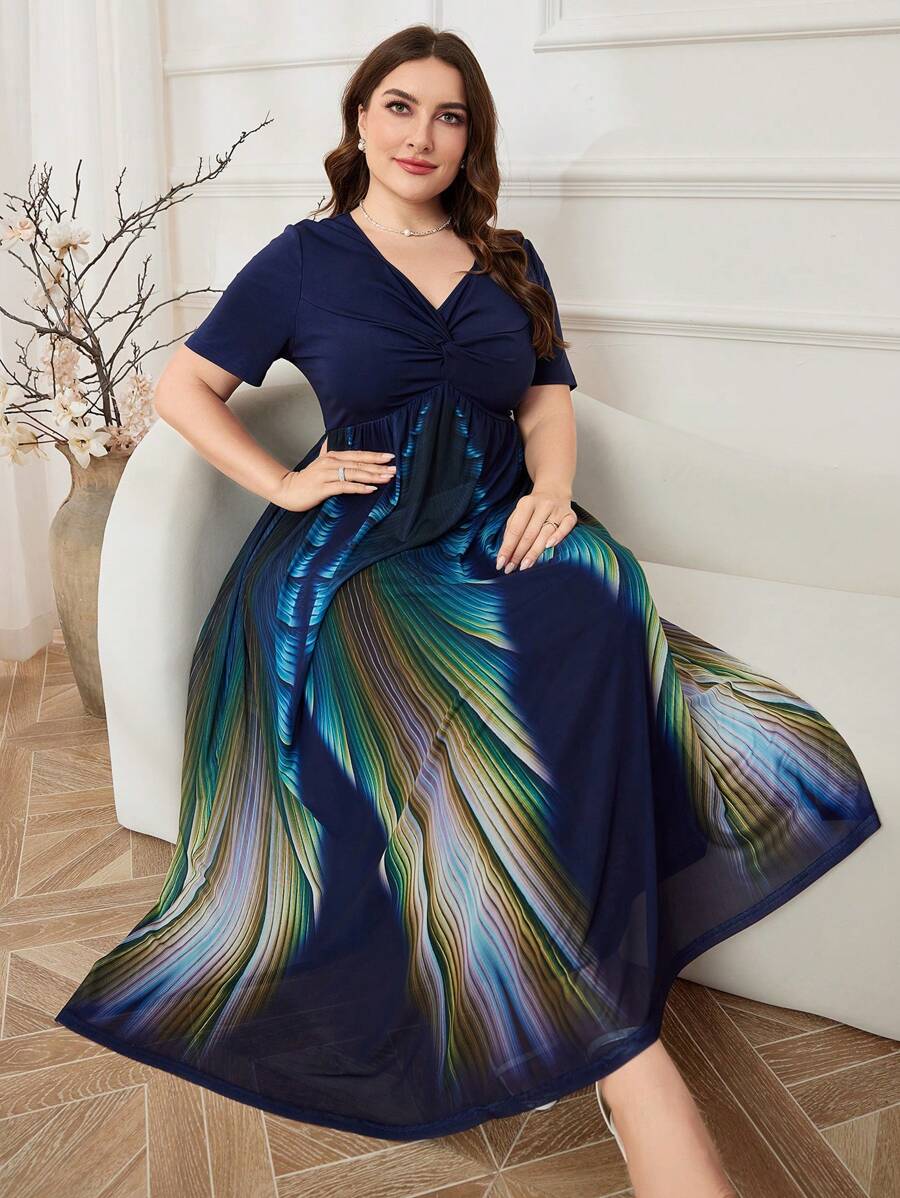 Modelyn Plus Size Women Double Layered Peacock Printed Short-Sleeved Dress Women Outfit Long Dress, For Summer - Navy Blue - View 1