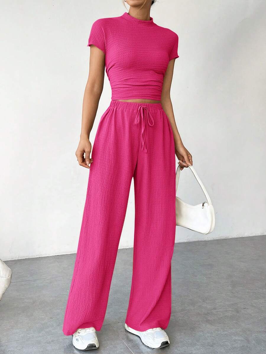 SHEIN EZwear 女性夏季修身短袖立領褶皺T恤和寬鬆休閒寬褲套裝 - 玫紅色 - 查看 1