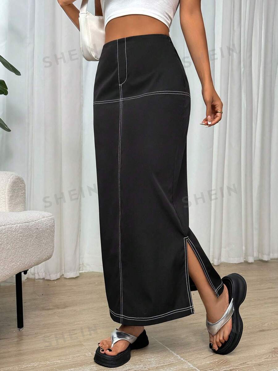 SHEIN Essnce Women Spring Summer Casual And Work Side Split Maxi Black ...