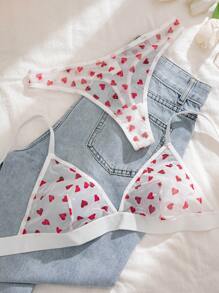 PetitDoll Women Sexy Mesh Heart Print Wireless Bra & Thong Panty Lingerie Set