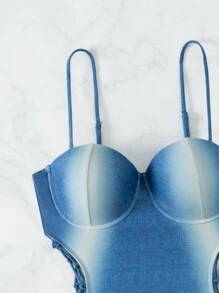 SHEIN Swim Traje de baño para mujeres con cordones de encaje y estampado en la parte superior