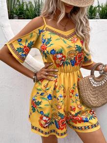 EMERY ROSE Flower Print Spaghetti Strap Women's Jumpsuit - Yellow - View 1