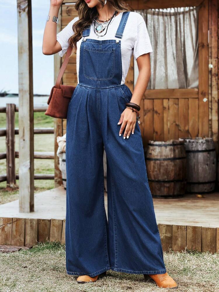 Ladies" Solid Color Simple Casual Denim Overalls