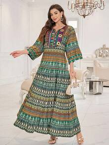 Plus Size Embroidered Notched-Neck Ruffle Hem Floral Dress With Cinching Waist - Mint Green - View 5