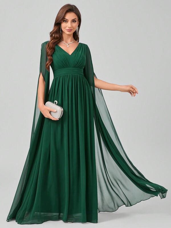 UNITHORSE Pleated V-Neck Floor-Length Chiffon Evening Dress With Draping Sleeves, Elegant Long Sleeve Bridesmaid Dress