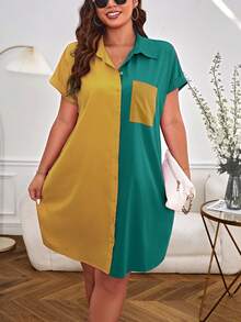 SHEIN Essnce Damska koszulka plus size, luźny krój, blok kolorów, nietoperz, kieszeń z krótkim rękawem, koszula na co dzień, sukienka na lato - Wielokolorowe - Zobacz 6