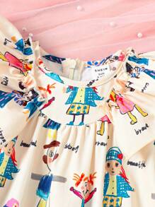 SHEIN 寶貝女孩可愛休閒有趣卡通印花荷葉邊短袖寬鬆裙，夏季風格 - 杏色 - 查看 9
