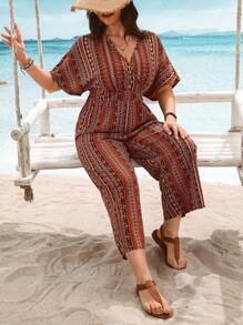 SHEIN Clasi 大码女式波西米亚风度假风格花卉印花 V 领蝙蝠袖宽腿宽松连体裤，适合夏季