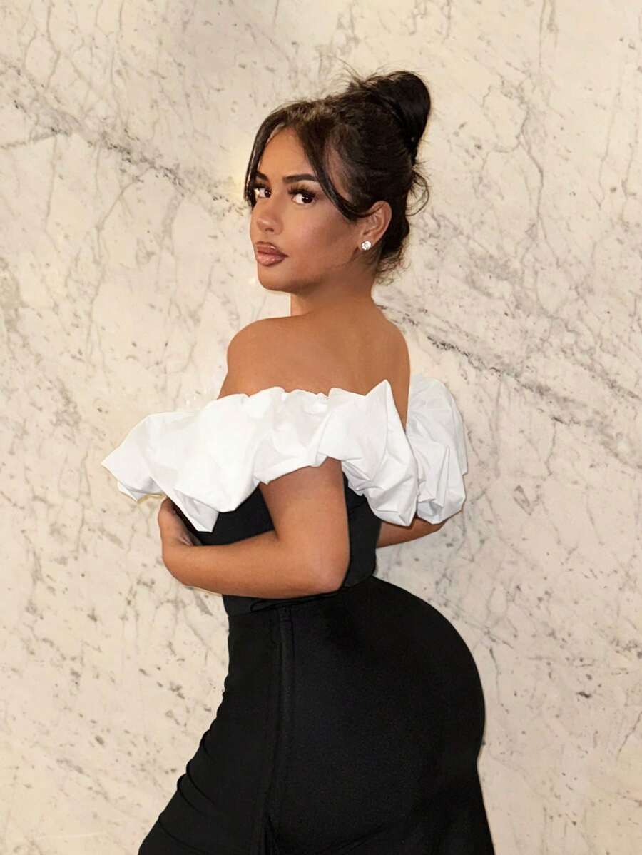 SHEIN SXY 女性性感露肩兩色連體衣 - 黑與白 - 查看 1