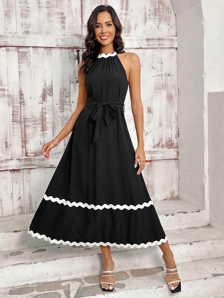 Women Elegant Color-Block Contrast Tape Halter Long Dress For Summer