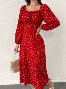 Modelyn 春季休闲度假风格迷你花卉印花灯笼袖连衣裙新年衣服长款女装 - 紅色 - 查看 6