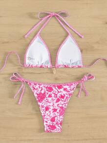 Swim Vcay Women Summer Beach Vacation Floral Print Neck Halter Simple Fashion Bikini Set With Random Printed Pattern - Pink - View 4
