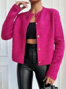EURMUSE Women's Short Button Front Cardigan - Hot Pink - View 5