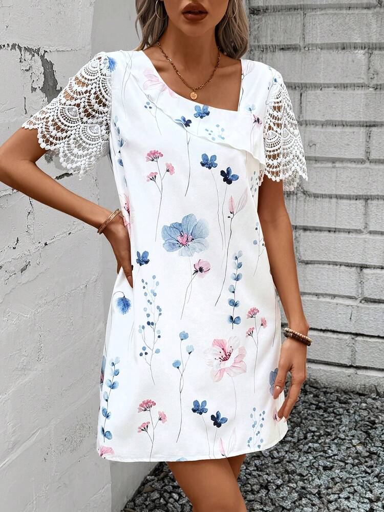 Summer Dress Women Asymmetrical Neck Lace Patchwork Dress