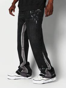 SUMWON Flare Fit Colour Blocked Jean With Splatter Paint - Black - View 1