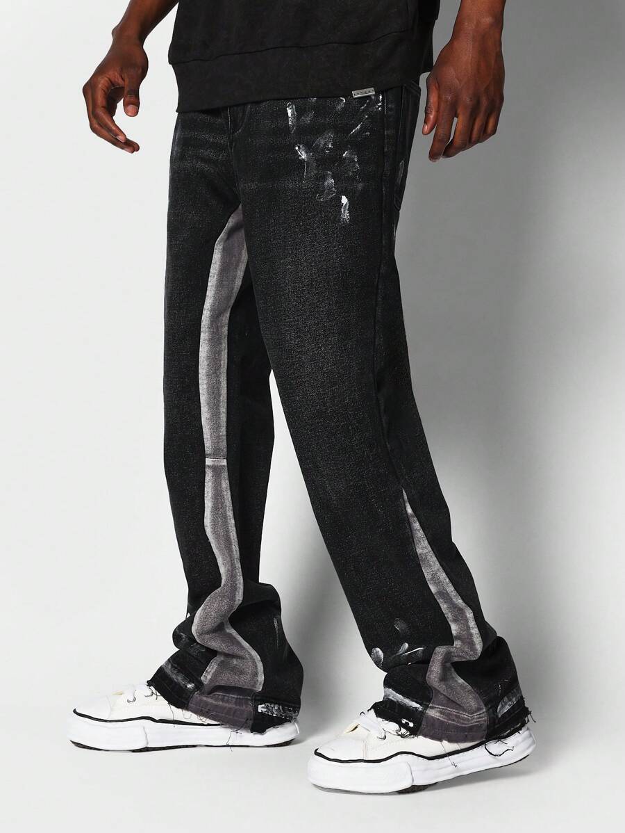 SUMWON Flare Fit Colour Blocked Jean With Splatter Paint - Black - View 1
