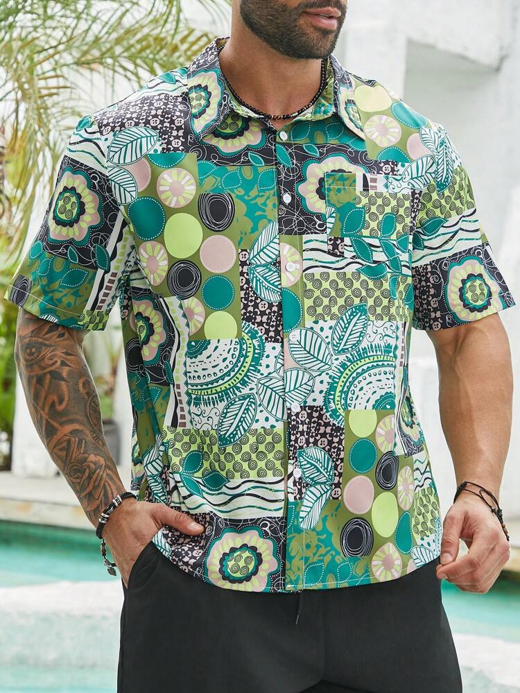 Men Vintage Printed Button Short Sleeve Shirt